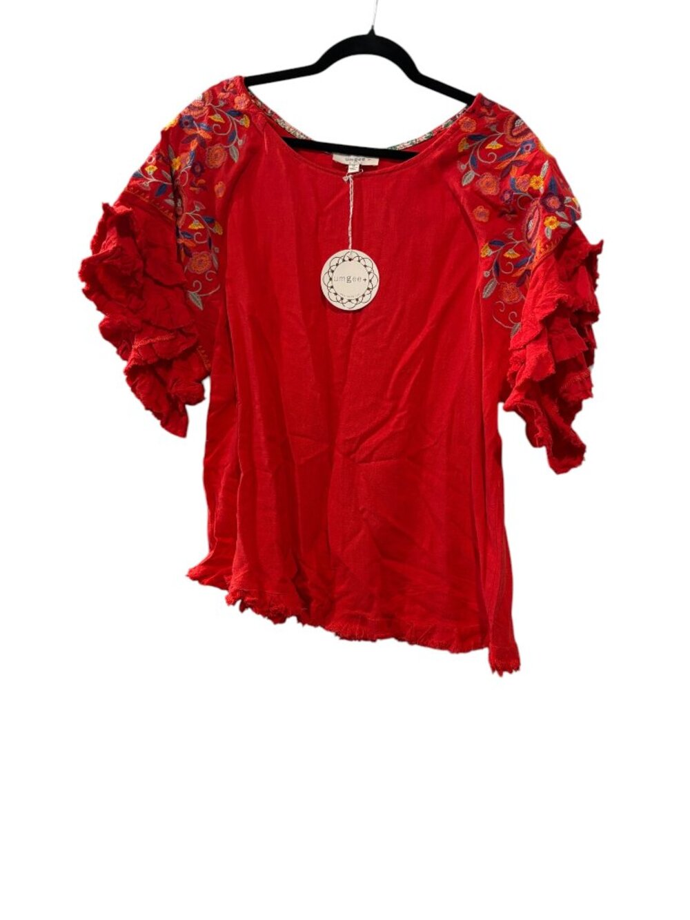 Red Blouse with Floral Sleeves